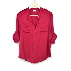 DKNYC Button-up Red Blouse Tab-Sleeve Size Small